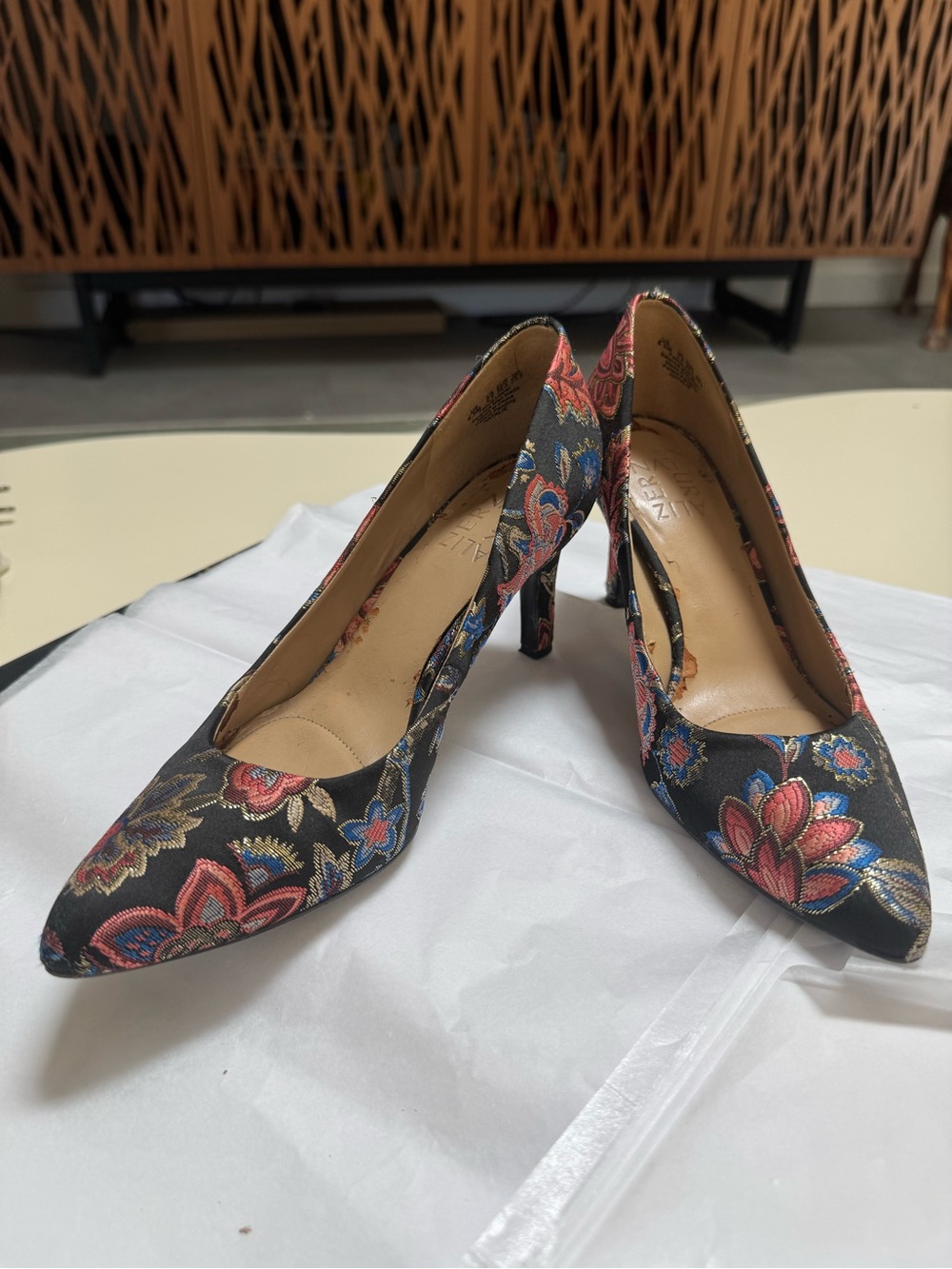 Stuart Weitzman Black Floral Embroidered Heels